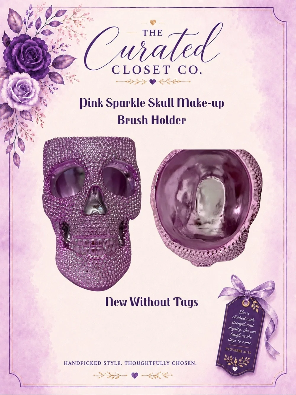 Pink Skull Makeup Brush Holder Raised Metallic Vanity Decor